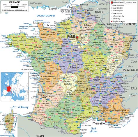 Large detailed map of France with cities.